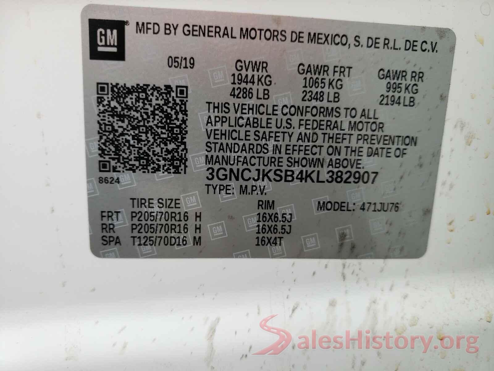 3GNCJKSB4KL382907 2019 CHEVROLET TRAX