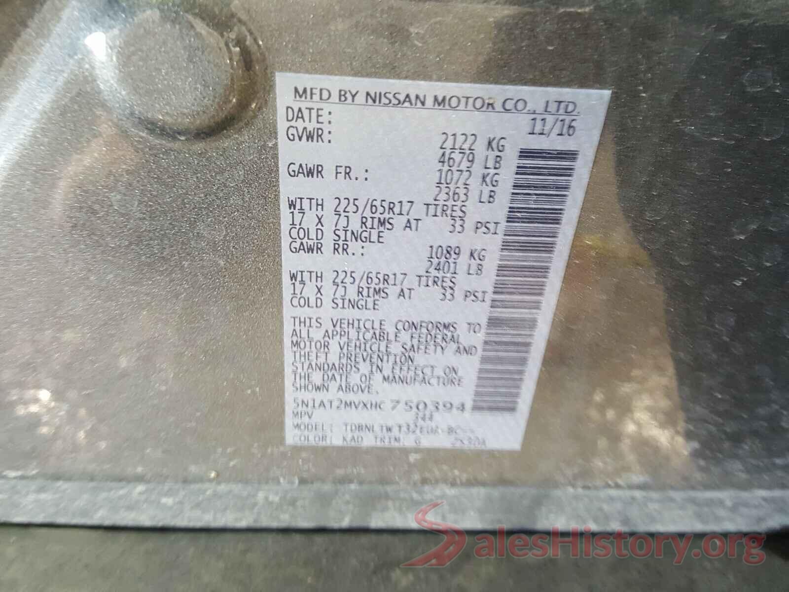 5N1AT2MVXHC750394 2017 NISSAN ROGUE