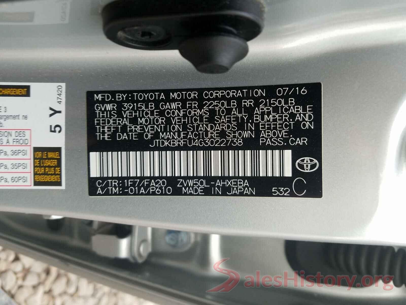 JTDKBRFU4G3022738 2016 TOYOTA PRIUS