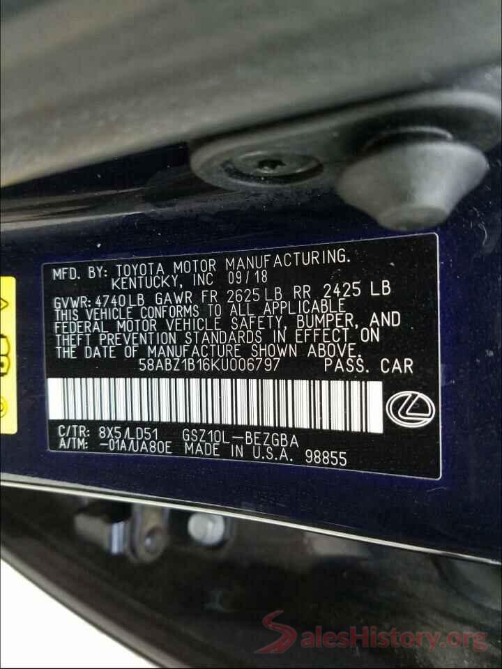 58ABZ1B16KU006797 2019 LEXUS ES350