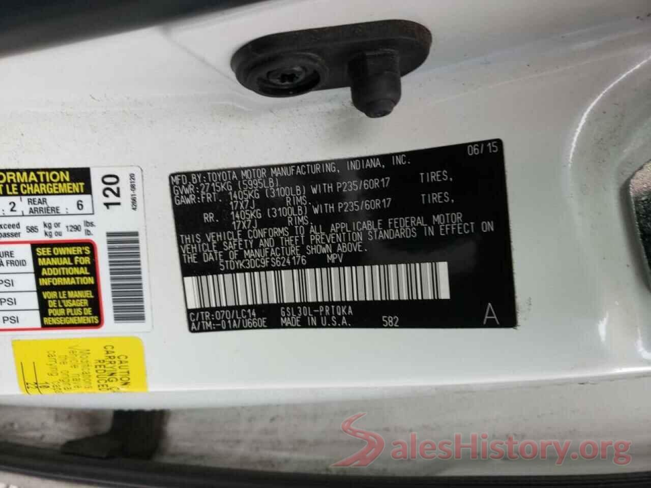 5TDYK3DC9FS624176 2015 TOYOTA SIENNA