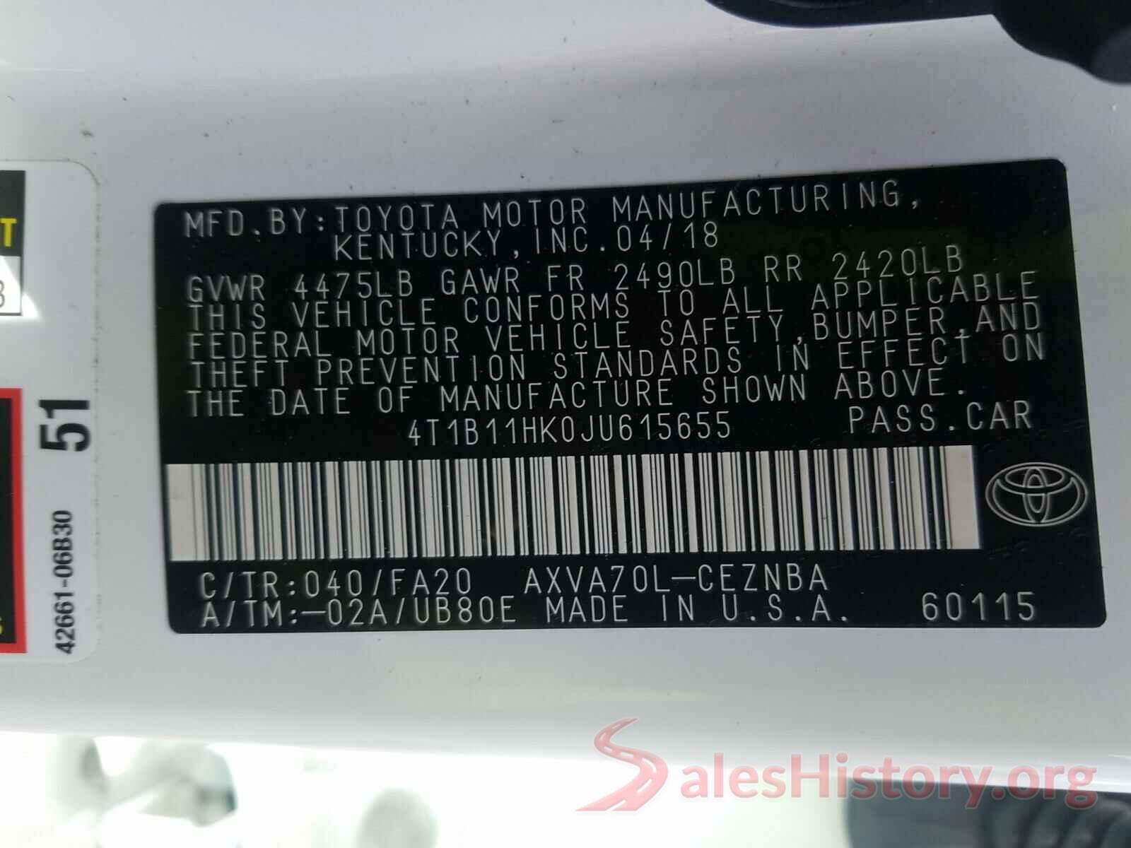 4T1B11HK0JU615655 2018 TOYOTA CAMRY