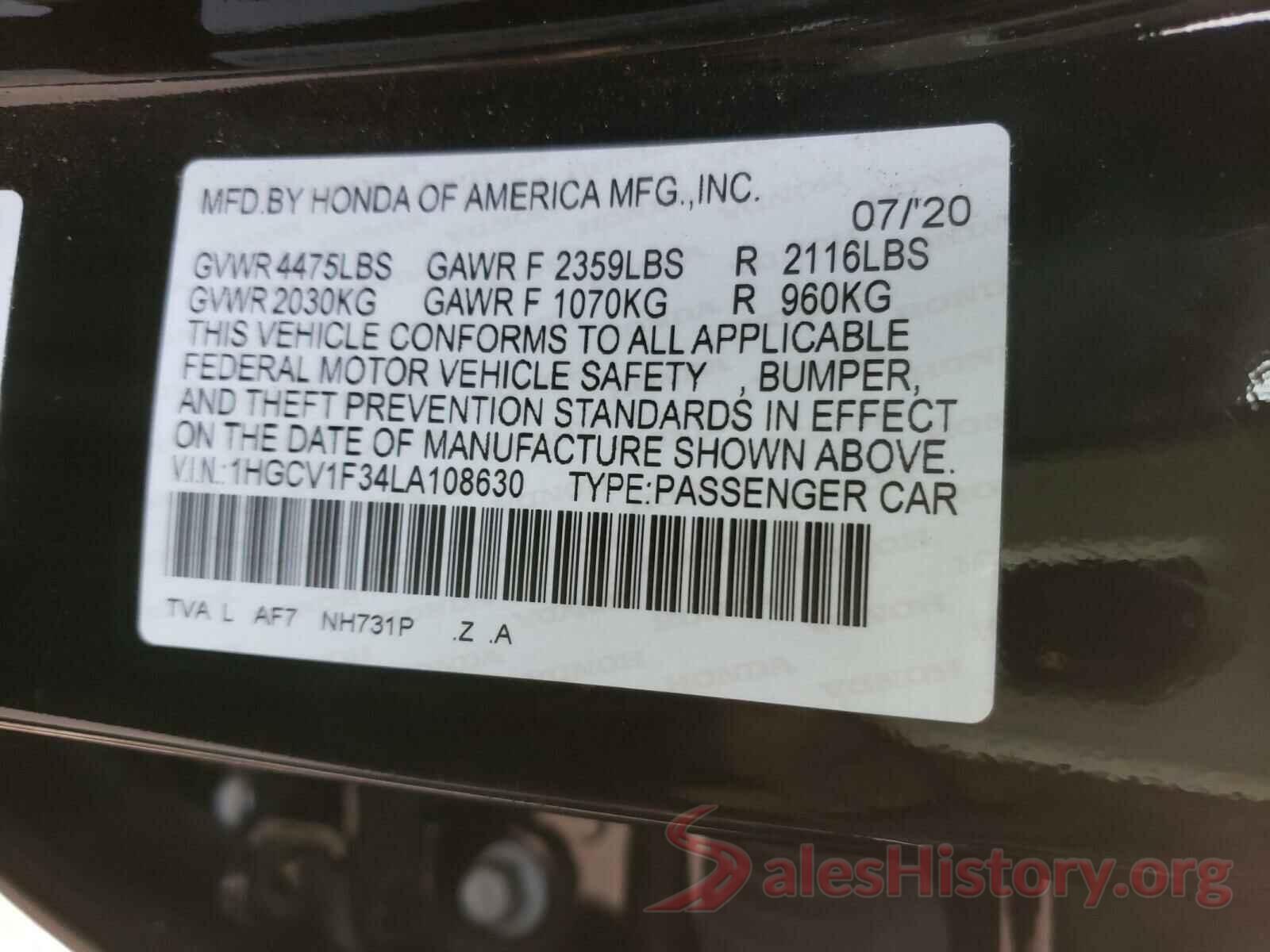 1HGCV1F34LA108630 2020 HONDA ACCORD