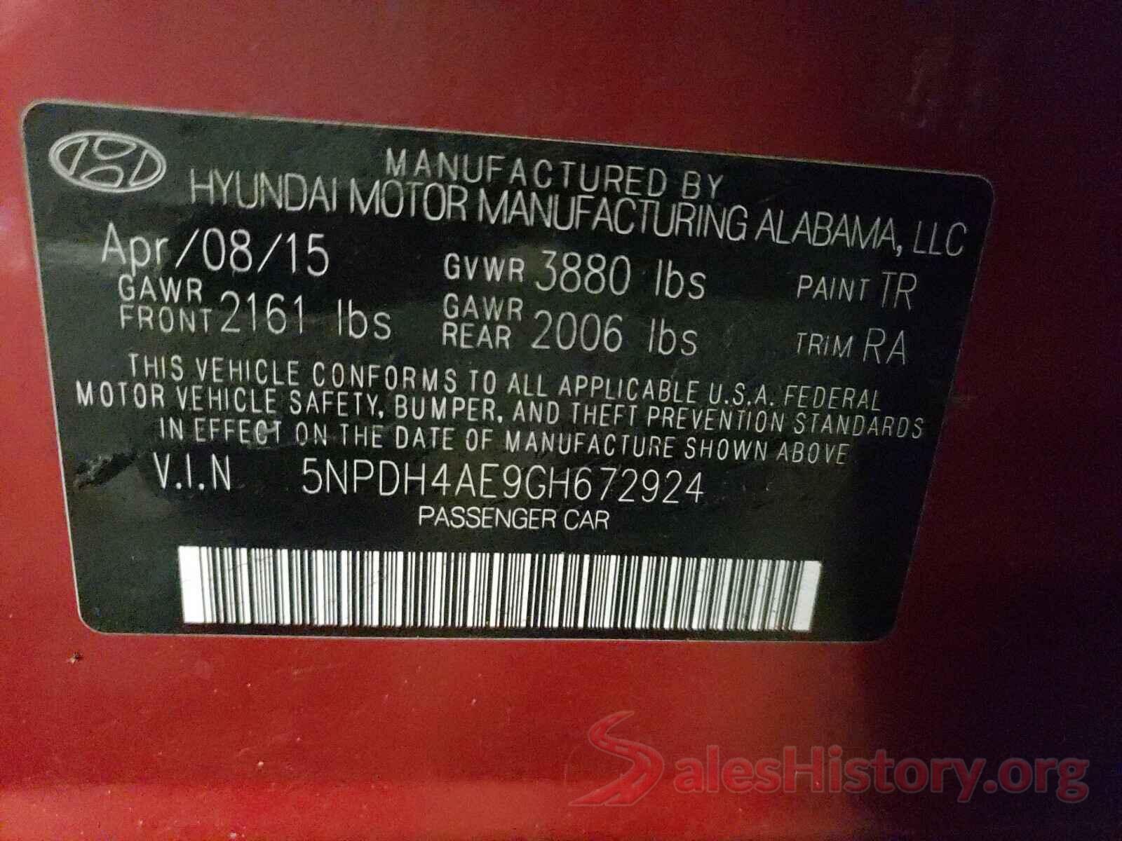 5NPDH4AE9GH672924 2016 HYUNDAI ELANTRA