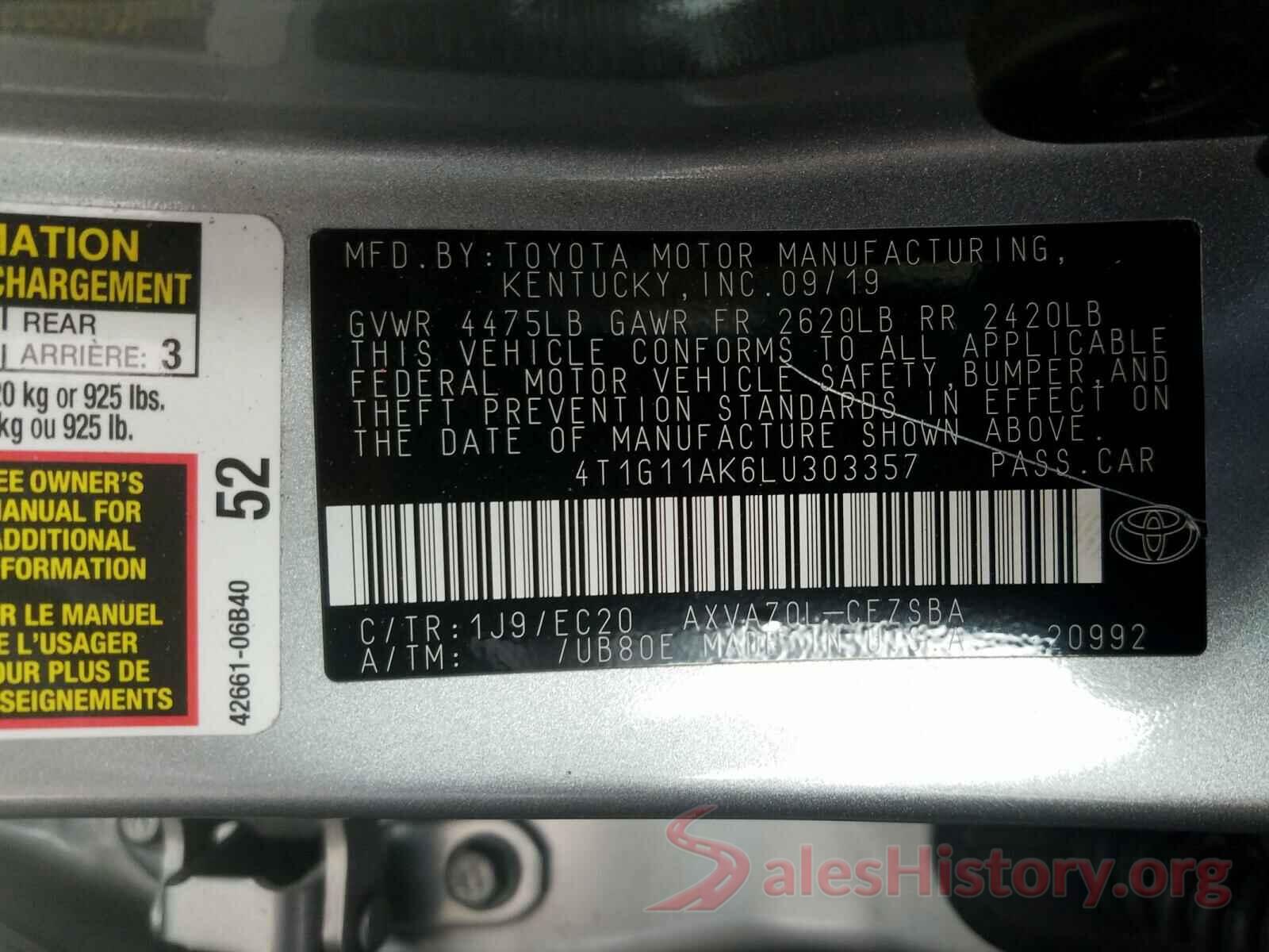 4T1G11AK6LU303357 2020 TOYOTA CAMRY