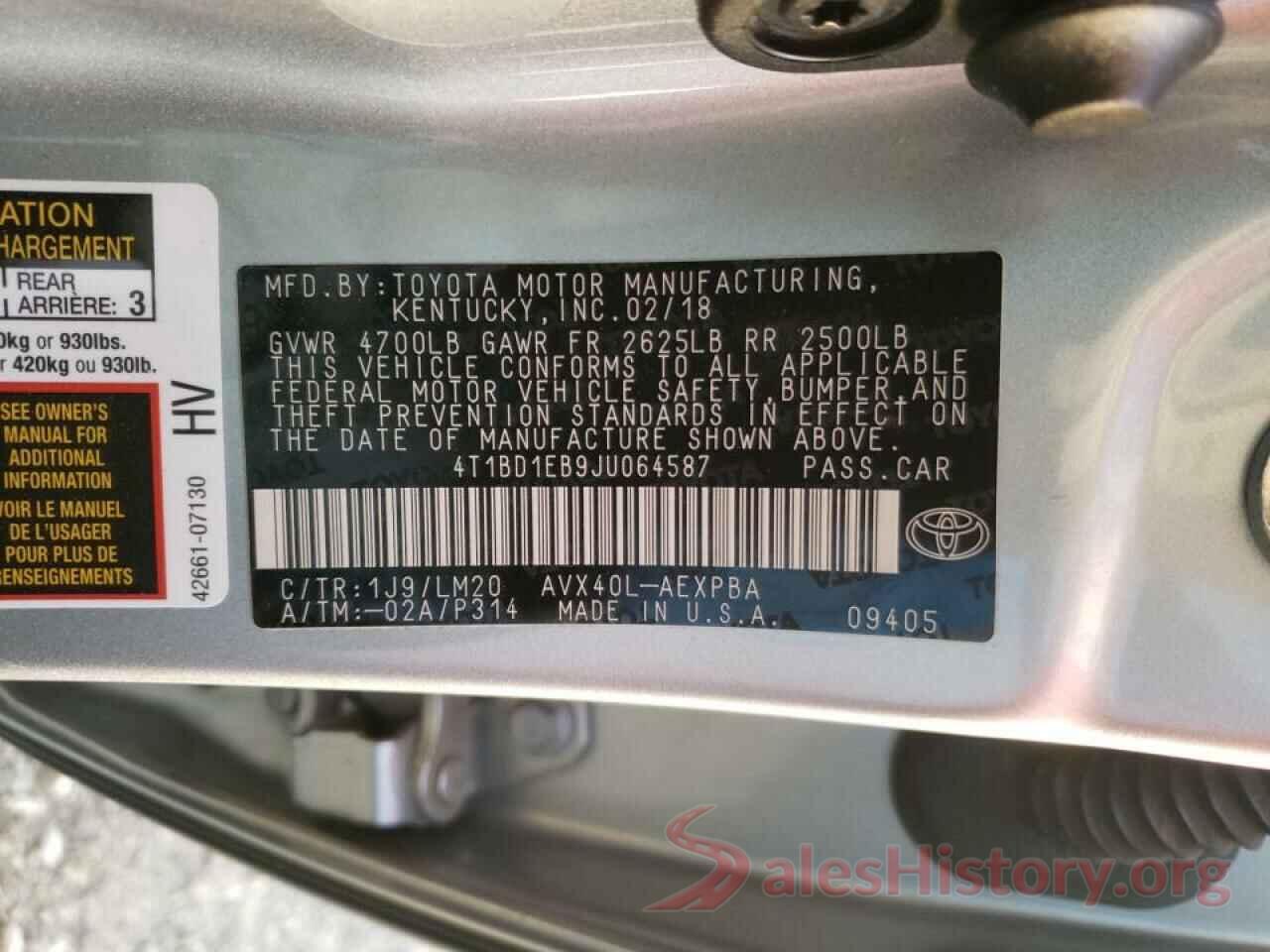 4T1BD1EB9JU064587 2018 TOYOTA AVALON