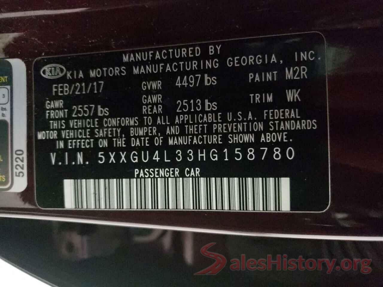 5XXGU4L33HG158780 2017 KIA OPTIMA