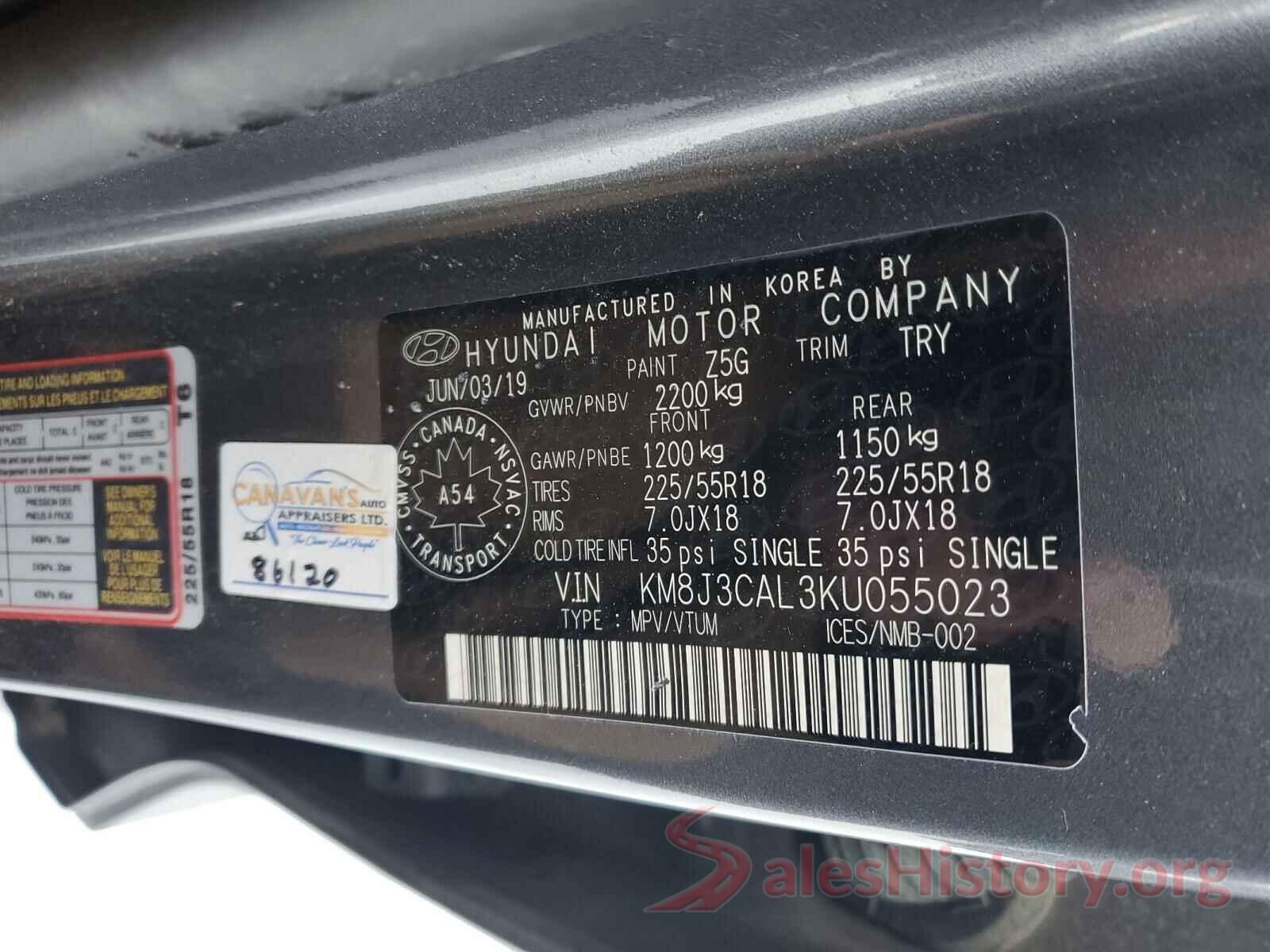 KM8J3CAL3KU055023 2019 HYUNDAI TUCSON