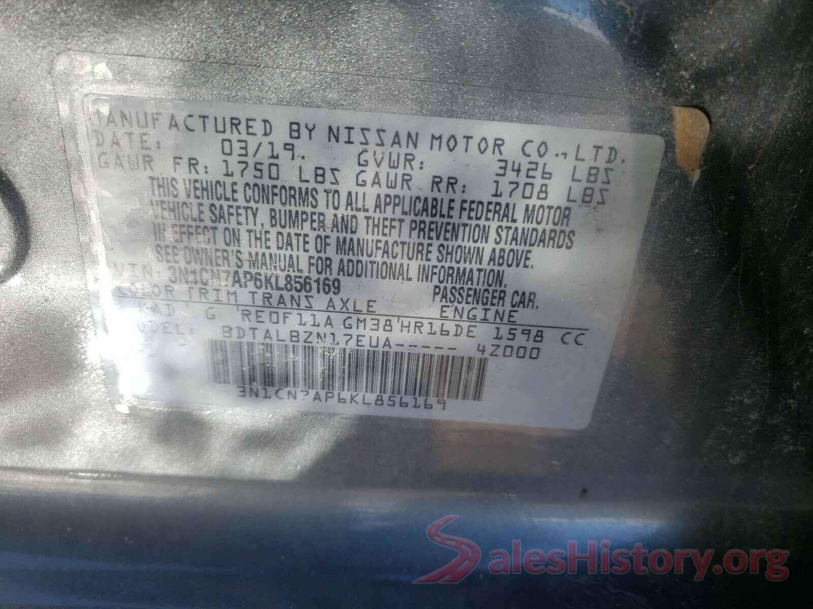 3N1CN7AP6KL856169 2019 NISSAN VERSA