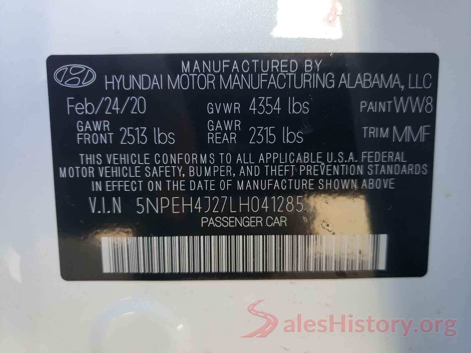 5NPEH4J27LH041285 2020 HYUNDAI SONATA