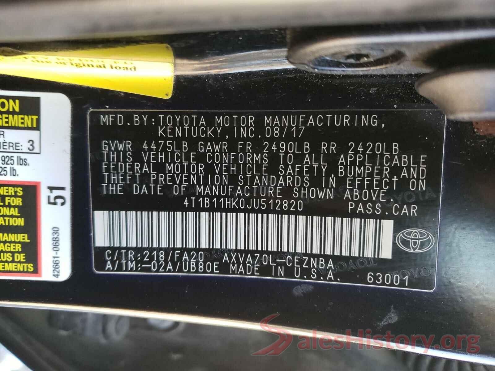 4T1B11HK0JU512820 2018 TOYOTA CAMRY