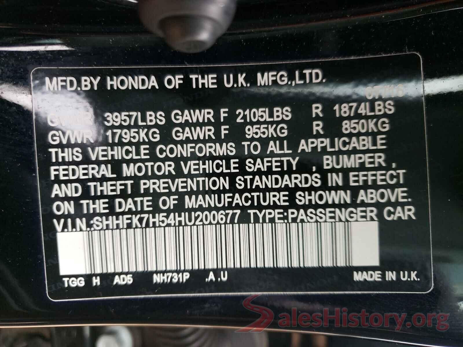 SHHFK7H54HU200677 2017 HONDA CIVIC