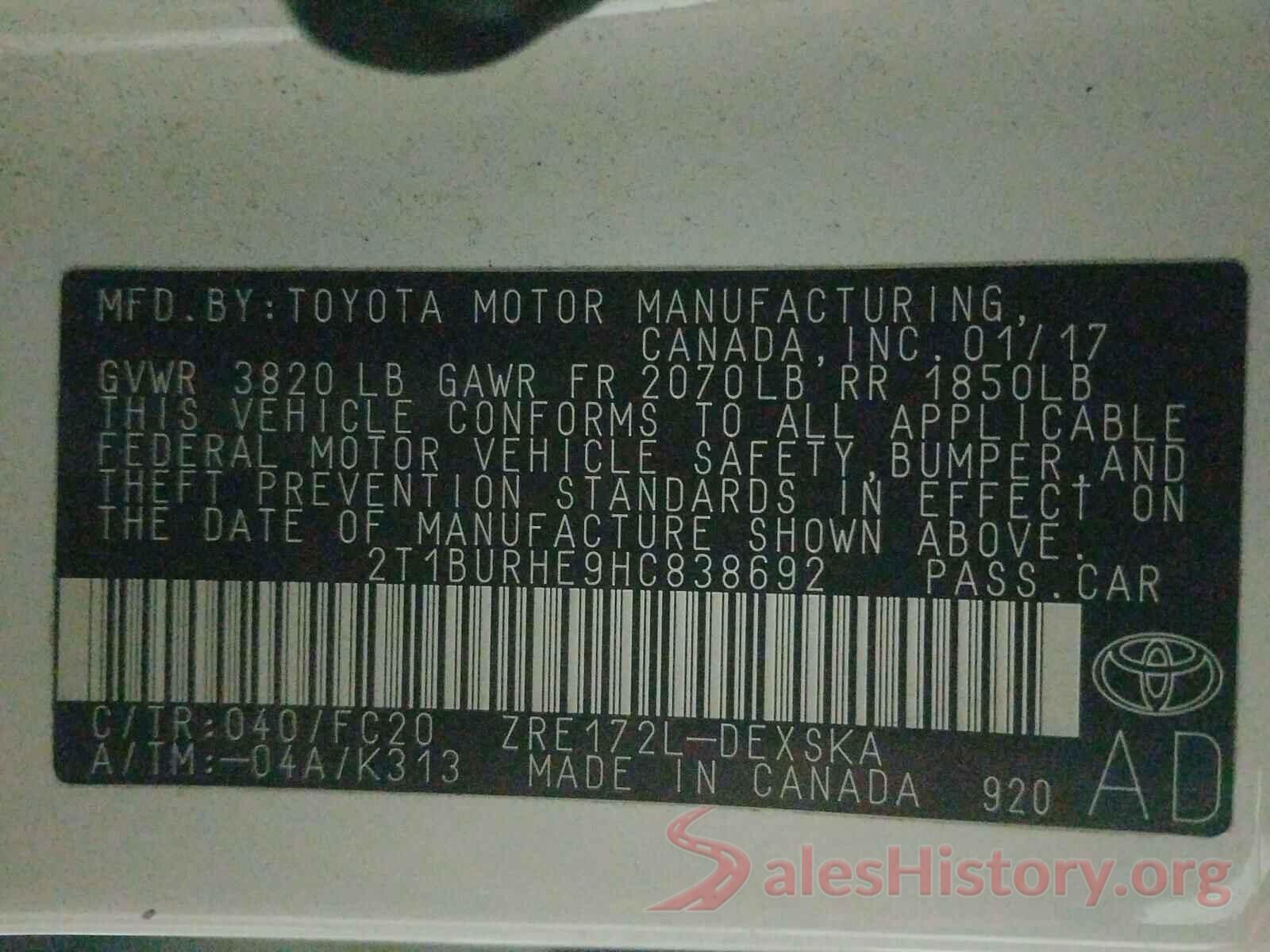 2T1BURHE9HC838692 2017 TOYOTA COROLLA