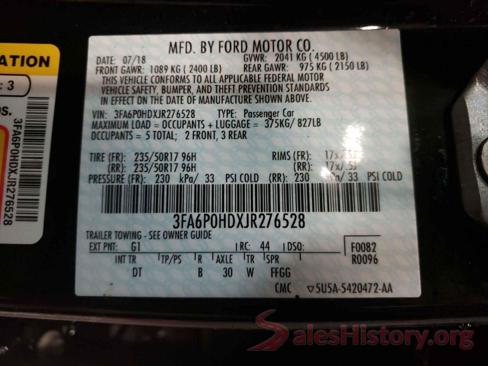 3FA6P0HDXJR276528 2018 FORD FUSION