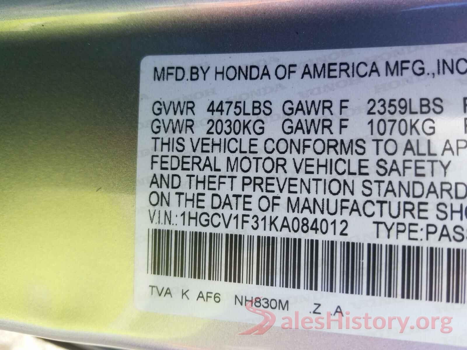 1HGCV1F31KA084012 2019 HONDA ACCORD