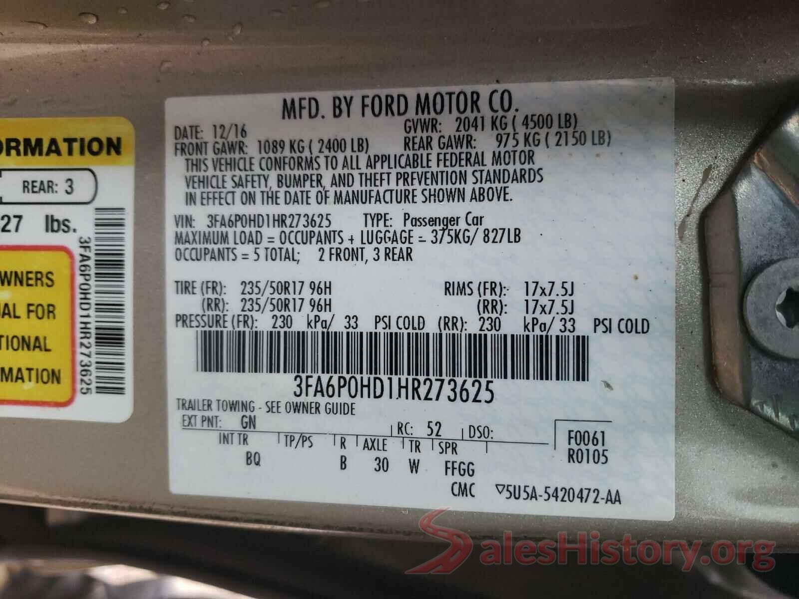 3FA6P0HD1HR273625 2017 FORD FUSION