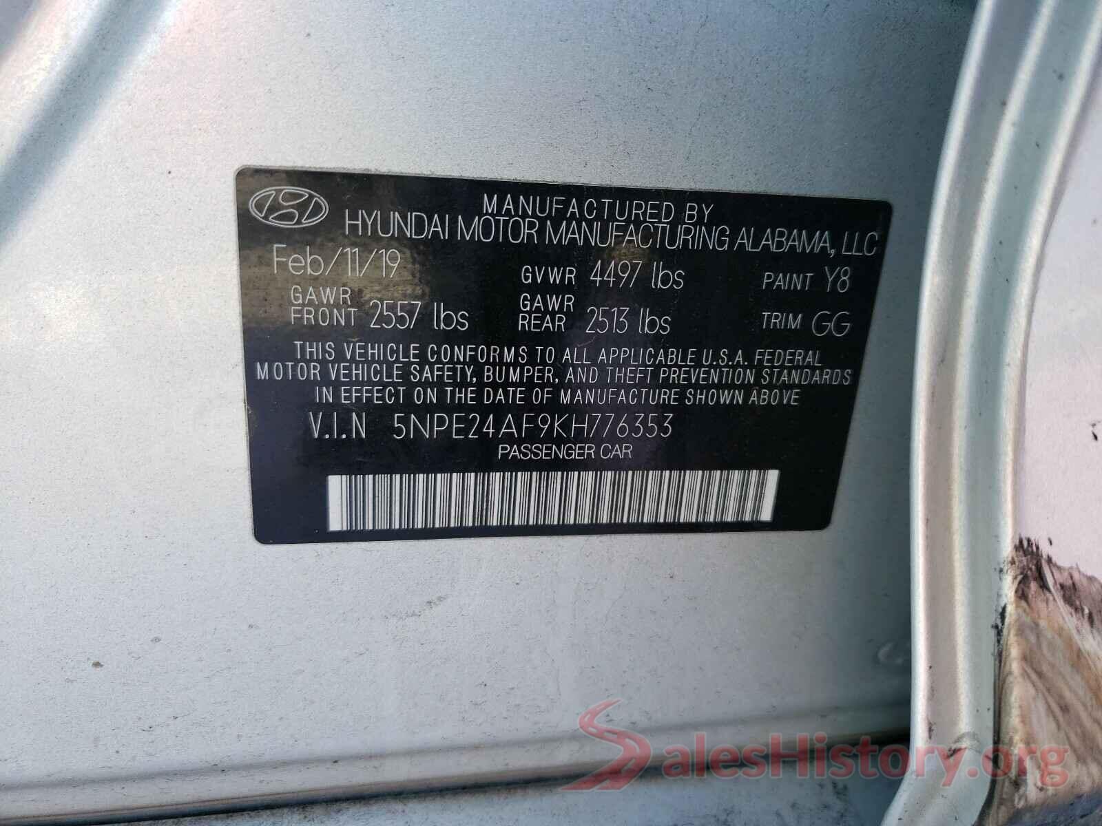 5NPE24AF9KH776353 2019 HYUNDAI SONATA