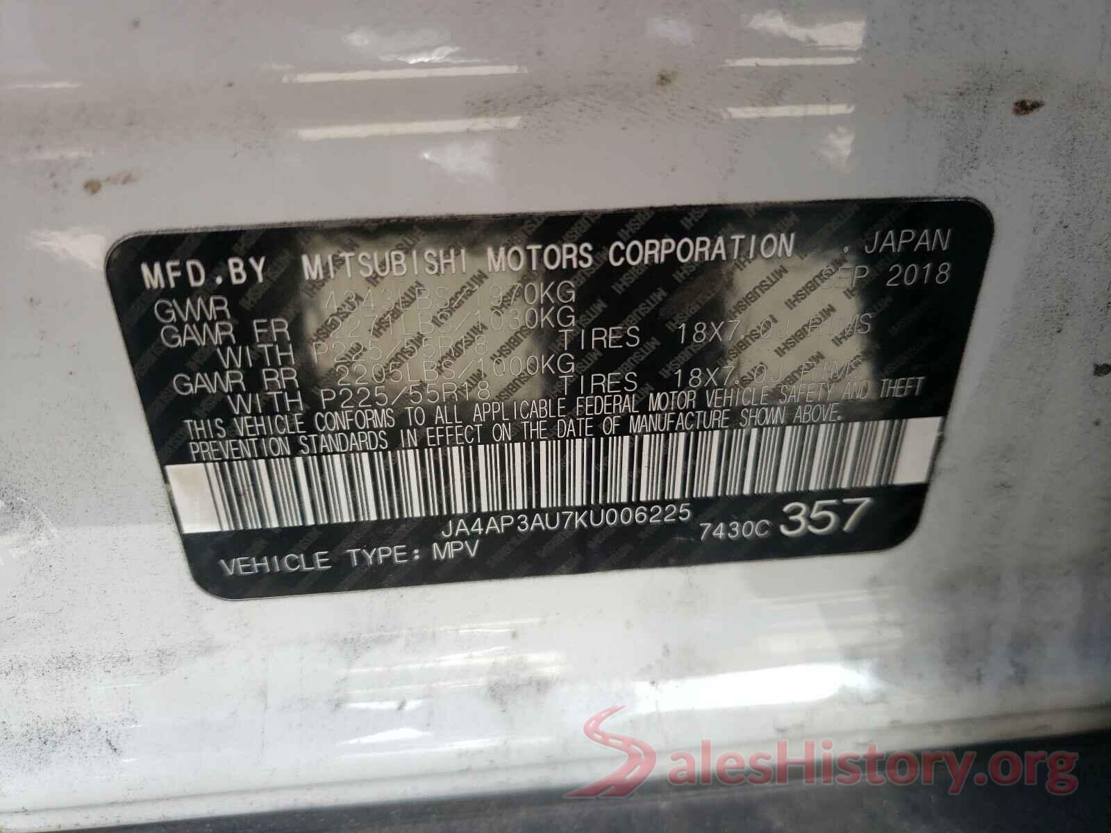 JA4AP3AU7KU006225 2019 MITSUBISHI OUTLANDER