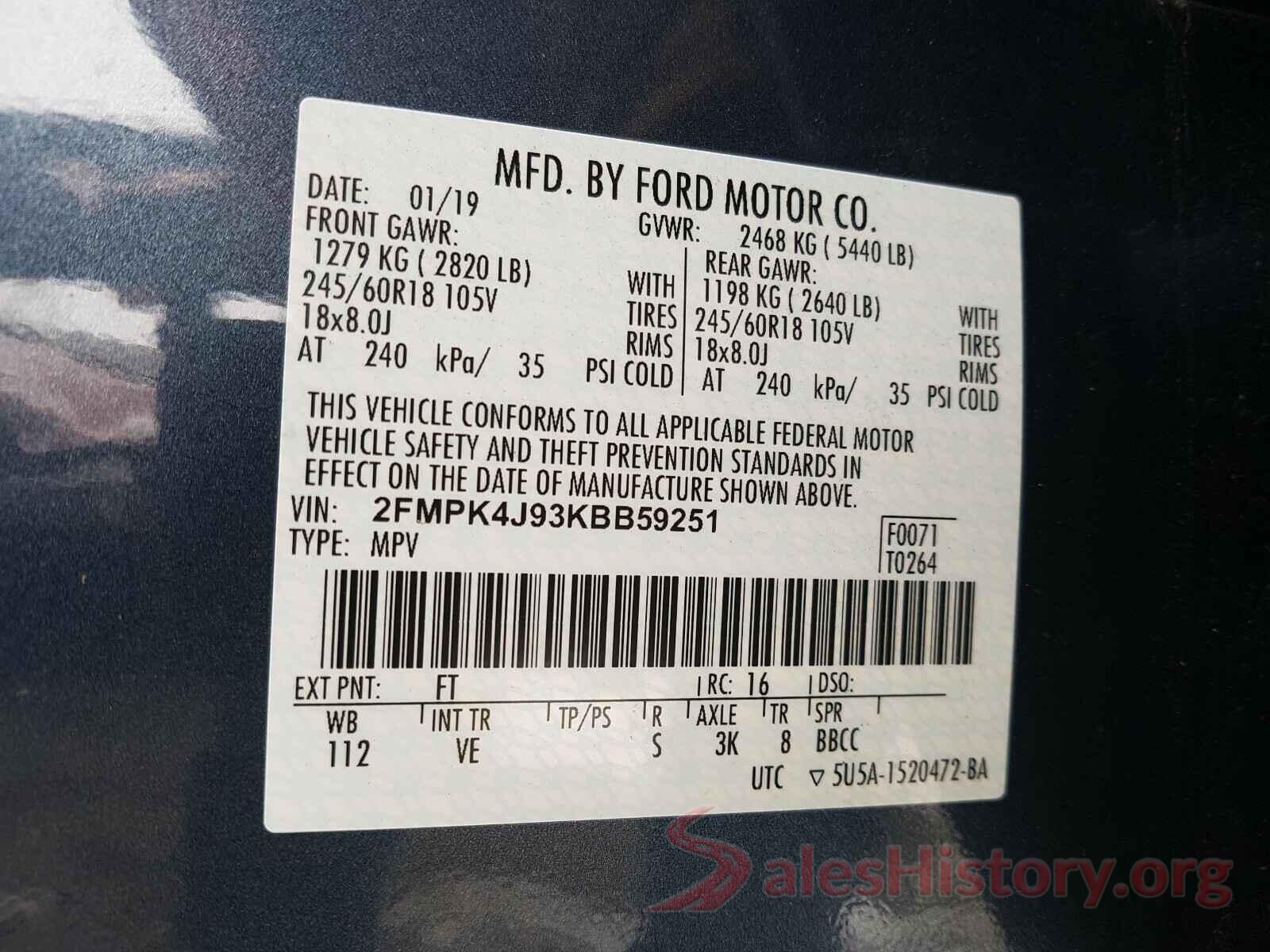 2FMPK4J93KBB59251 2019 FORD EDGE