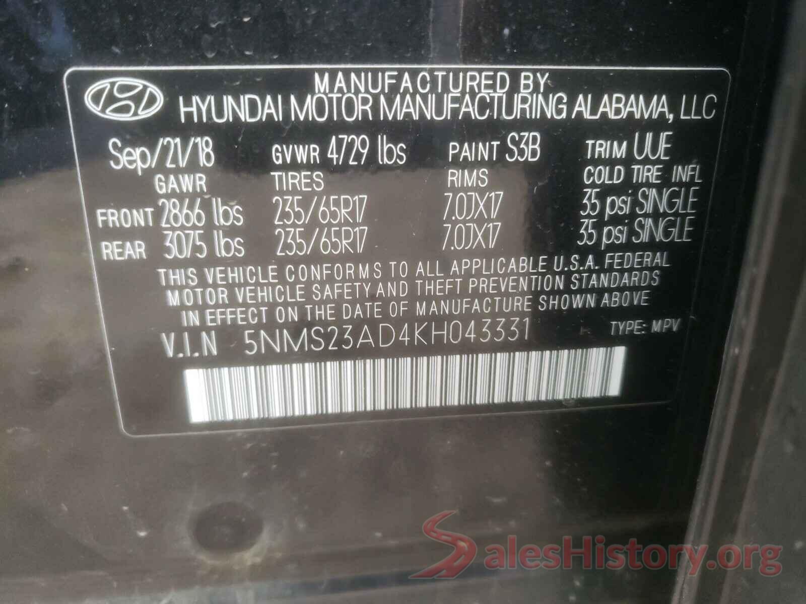 5NMS23AD4KH043331 2019 HYUNDAI SANTA FE