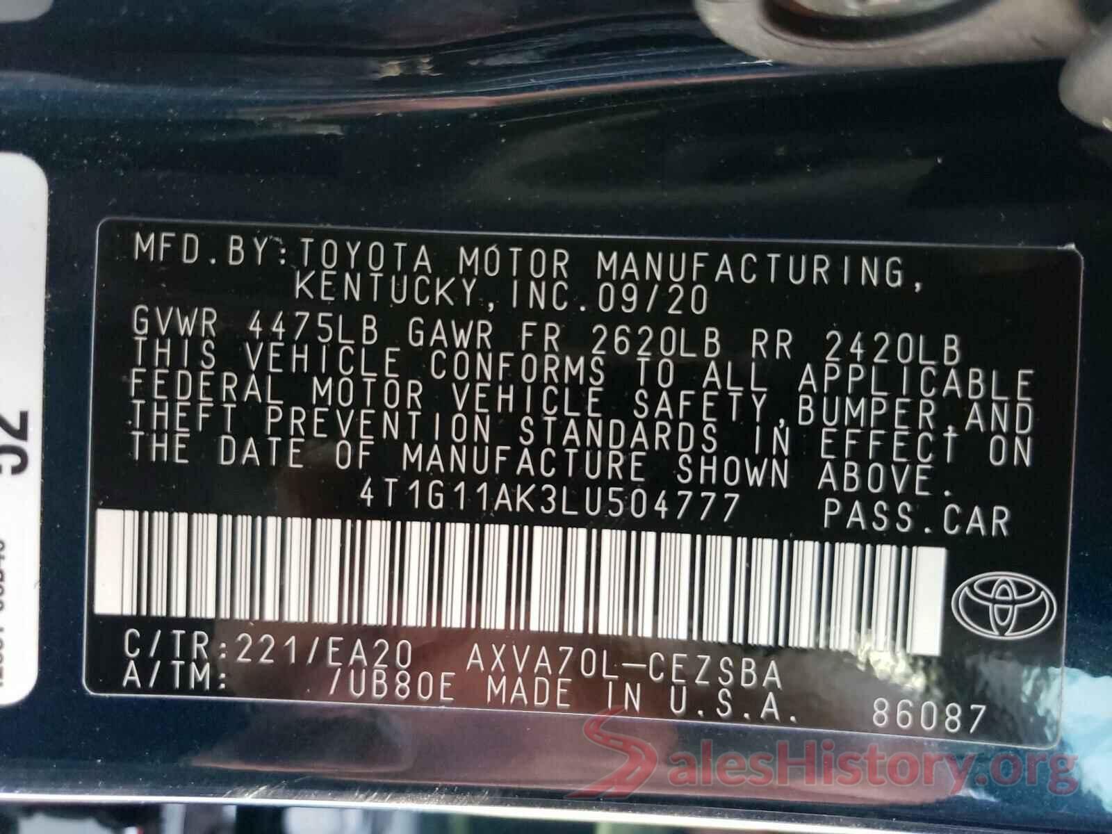 4T1G11AK3LU504777 2020 TOYOTA CAMRY