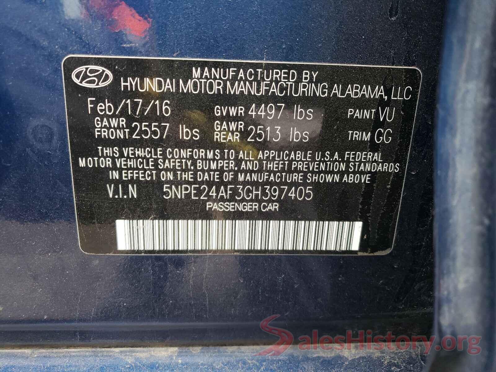 5NPE24AF3GH397405 2016 HYUNDAI SONATA