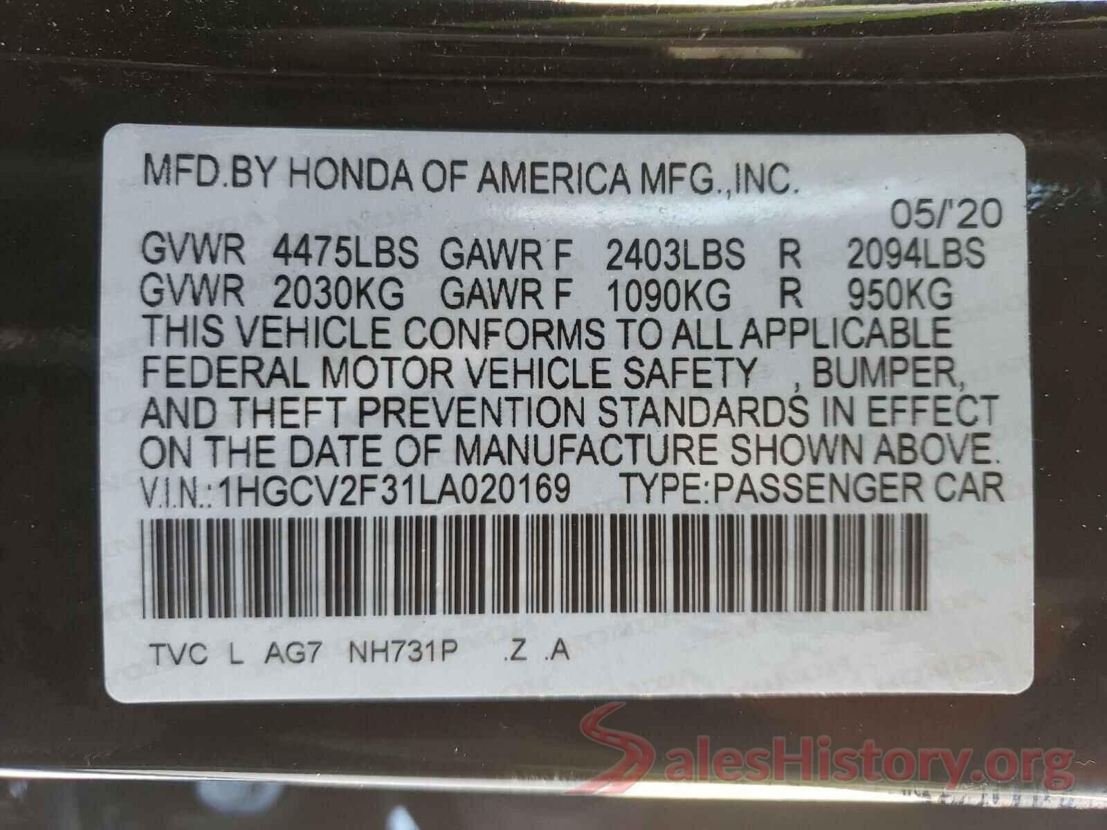 1HGCV2F31LA020169 2020 HONDA ACCORD