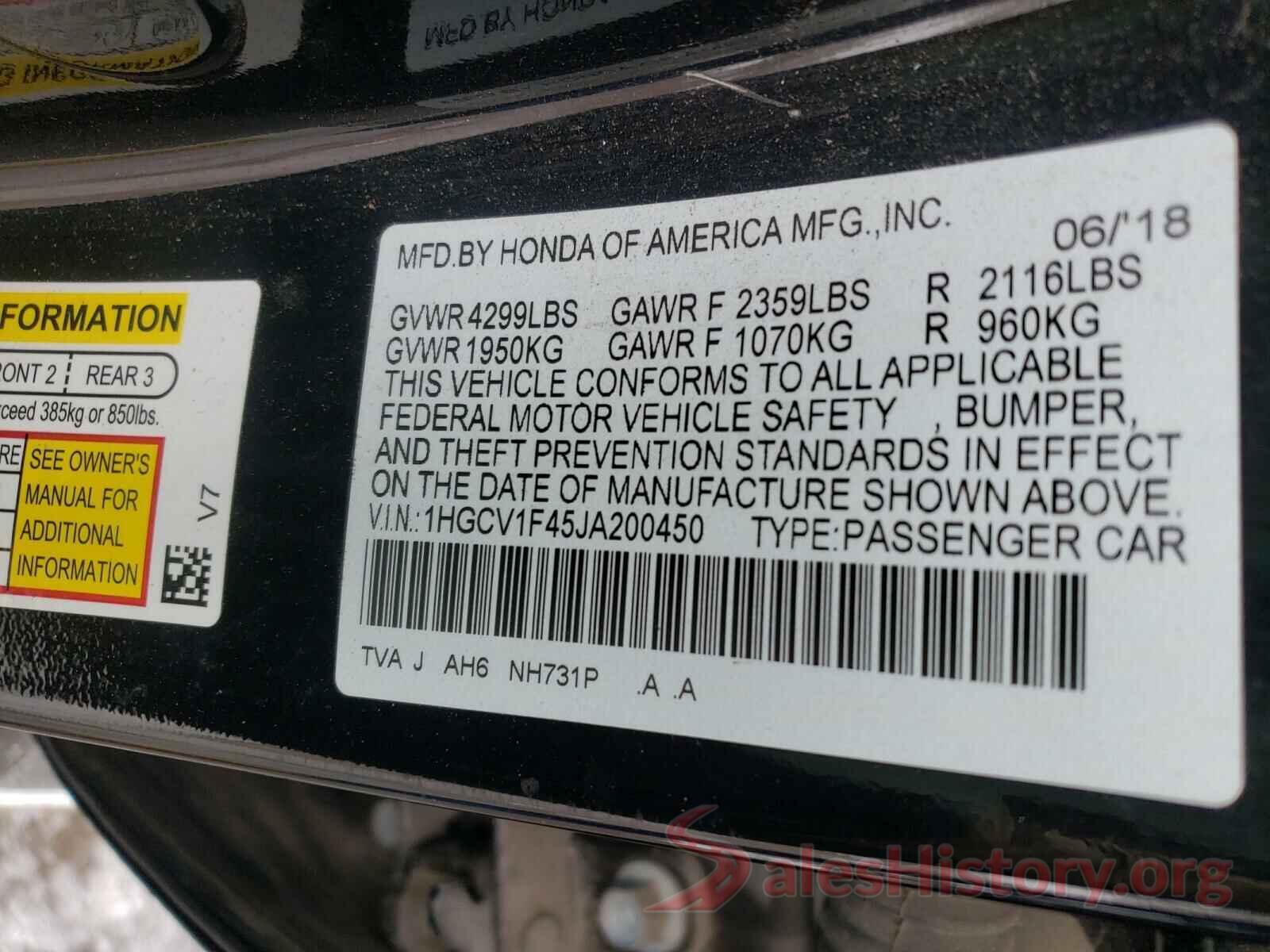 1HGCV1F45JA200450 2018 HONDA ACCORD