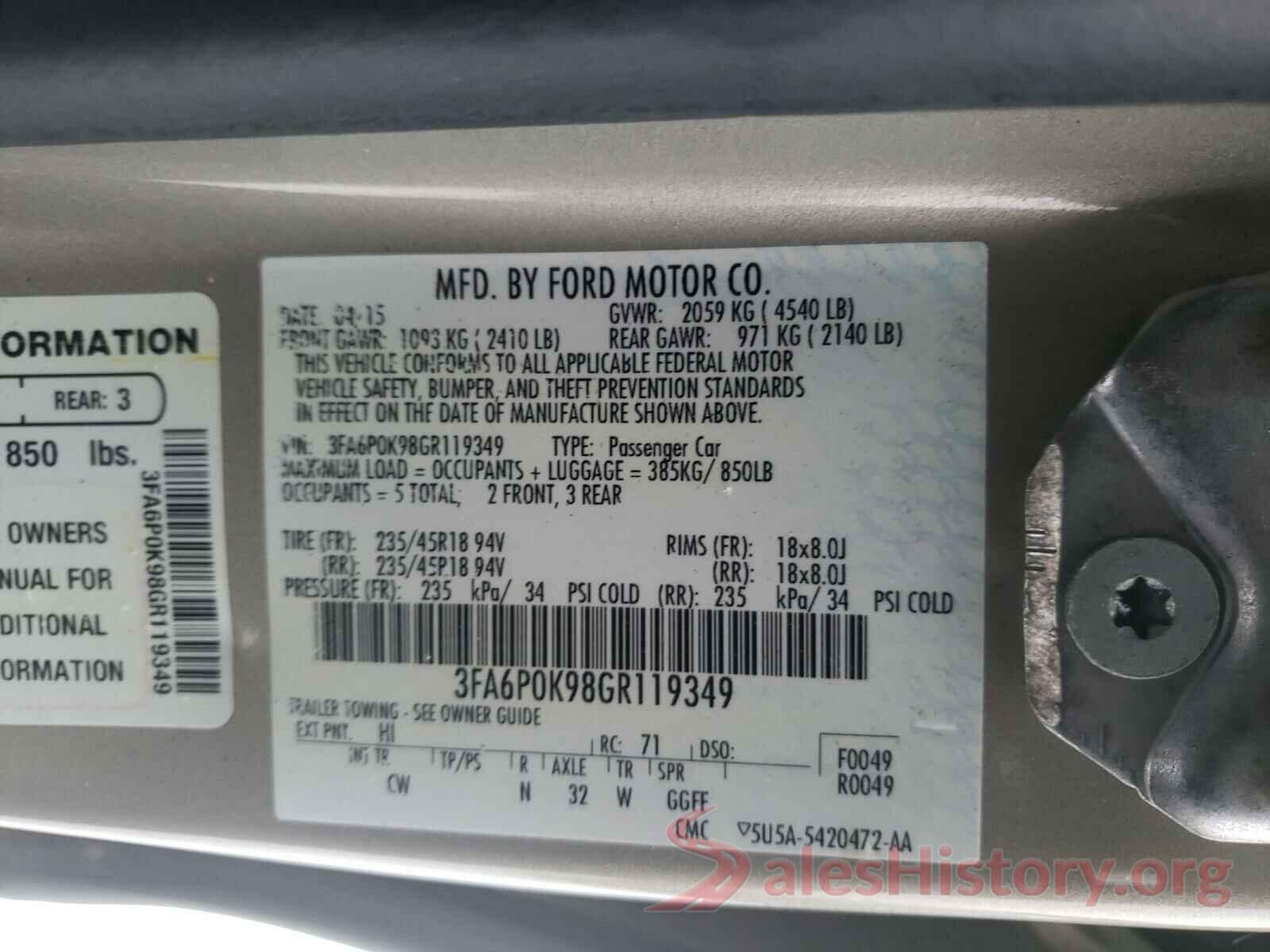 3FA6P0K98GR119349 2016 FORD FUSION