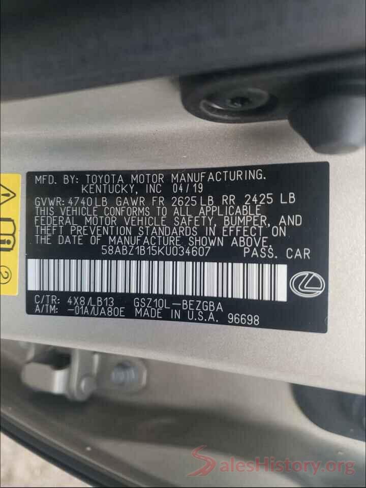 58ABZ1B15KU034607 2019 LEXUS ES350