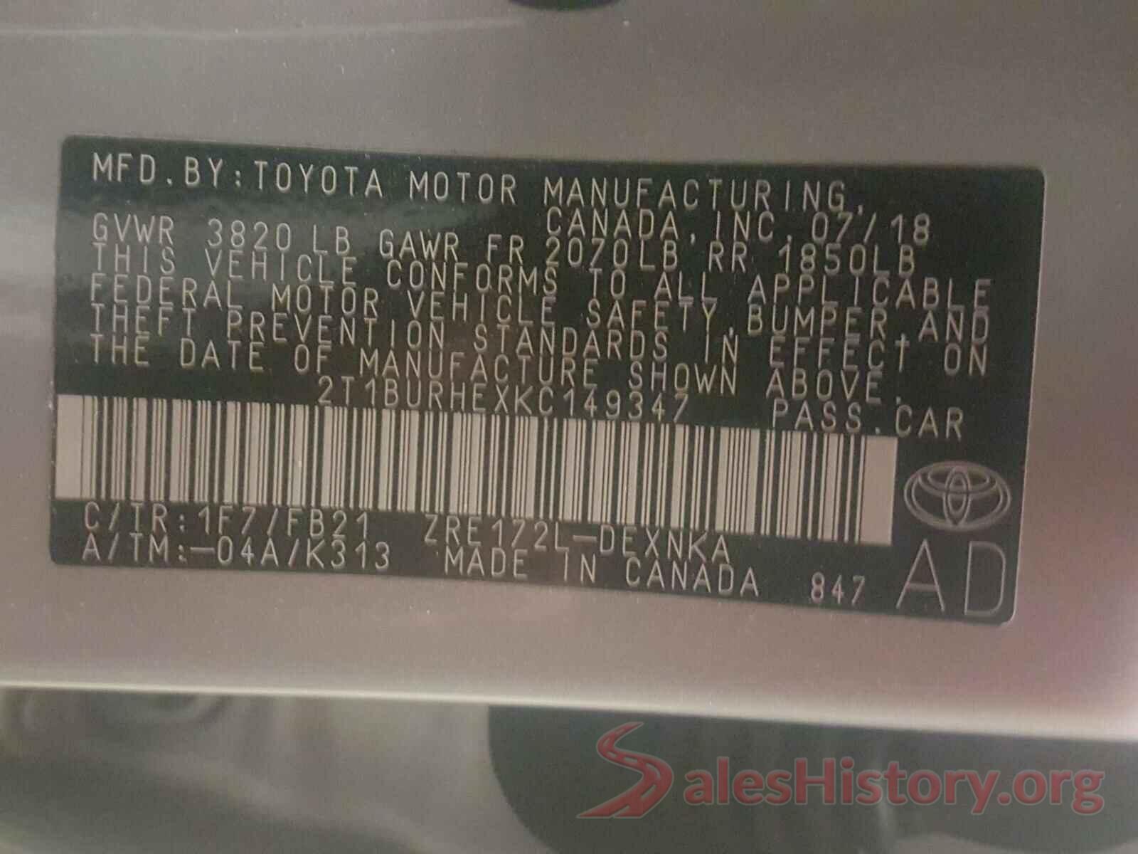 2T1BURHEXKC149347 2019 TOYOTA COROLLA