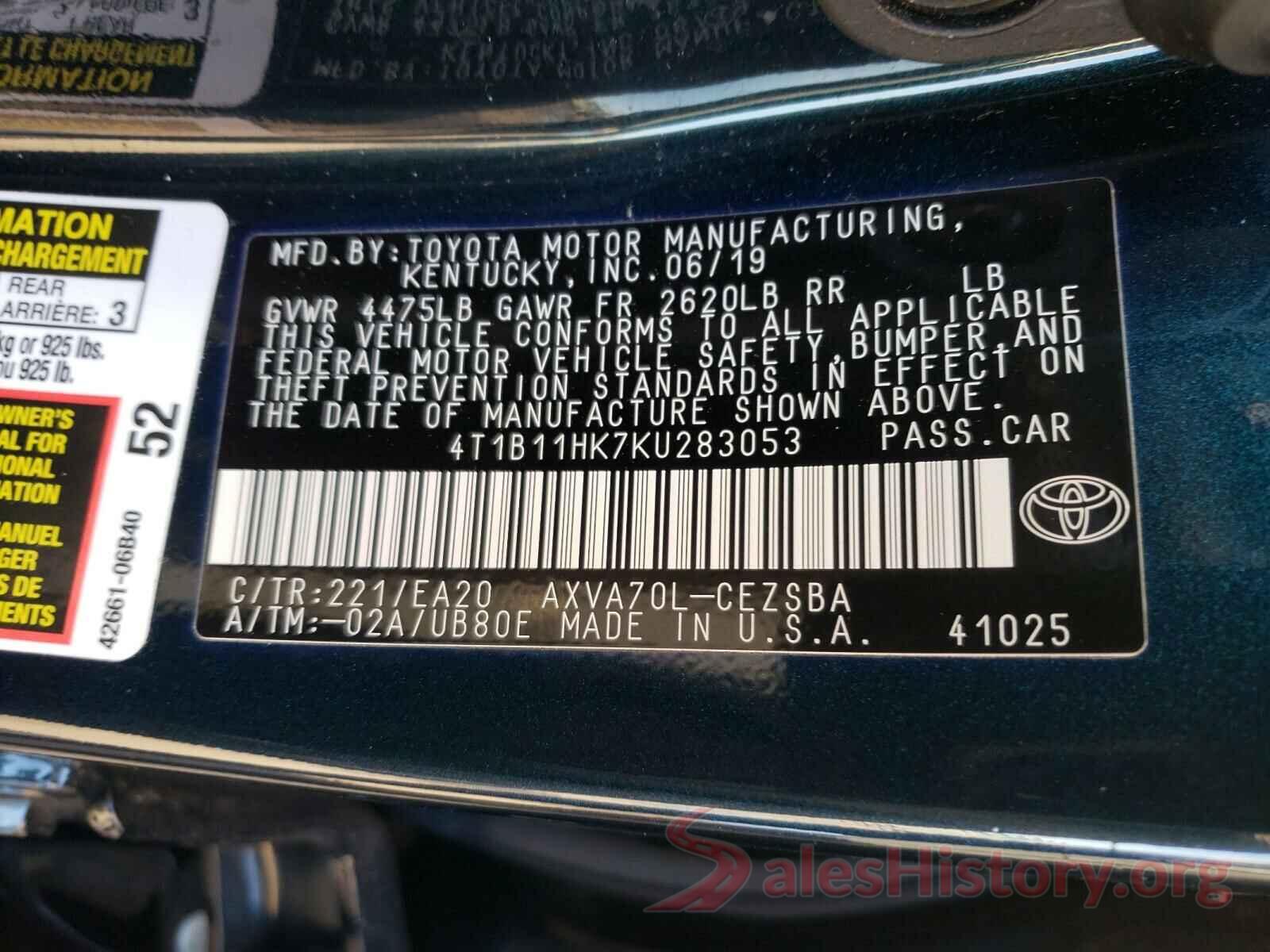 4T1B11HK7KU283053 2019 TOYOTA CAMRY