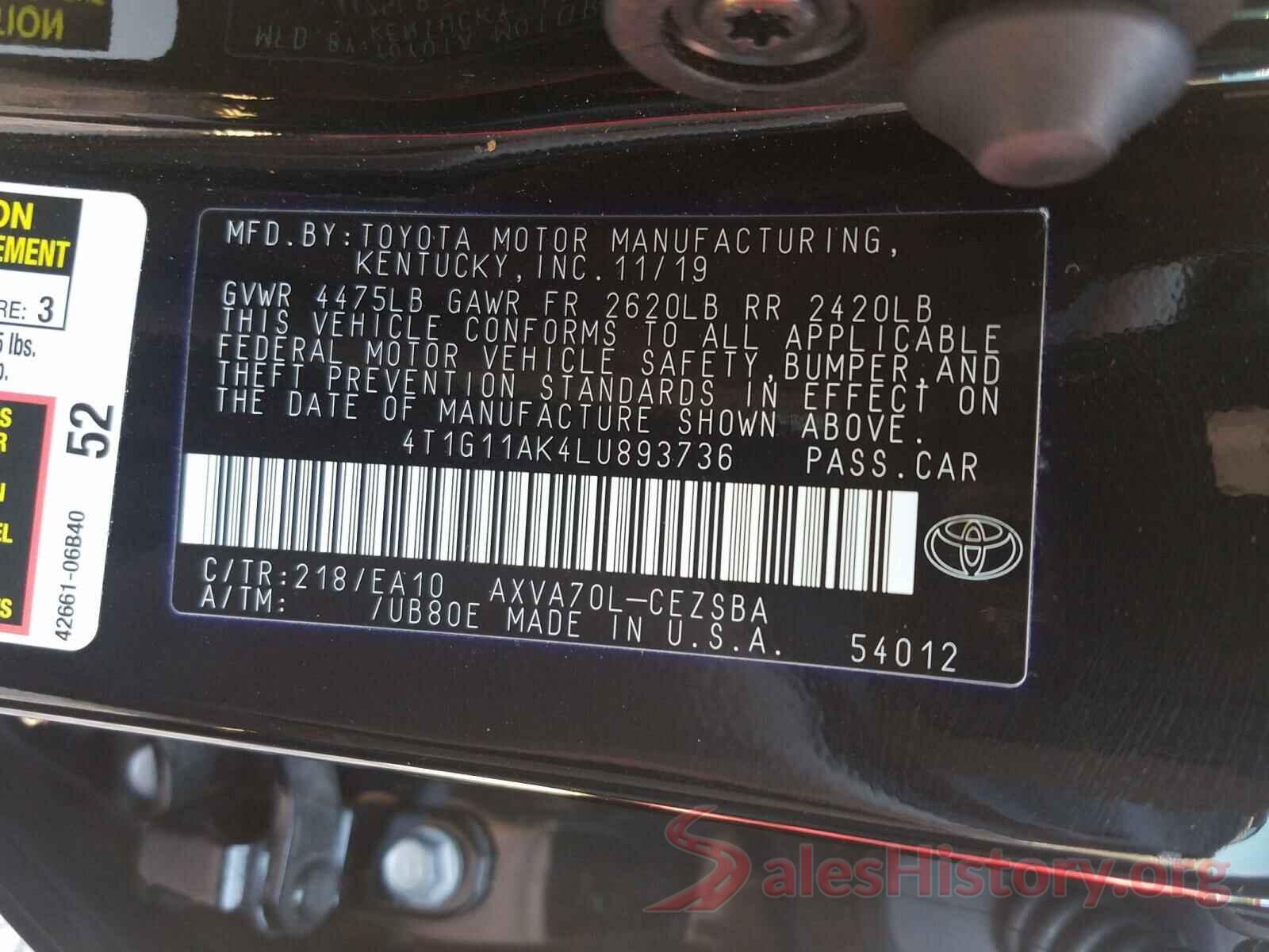 4T1G11AK4LU893736 2020 TOYOTA CAMRY