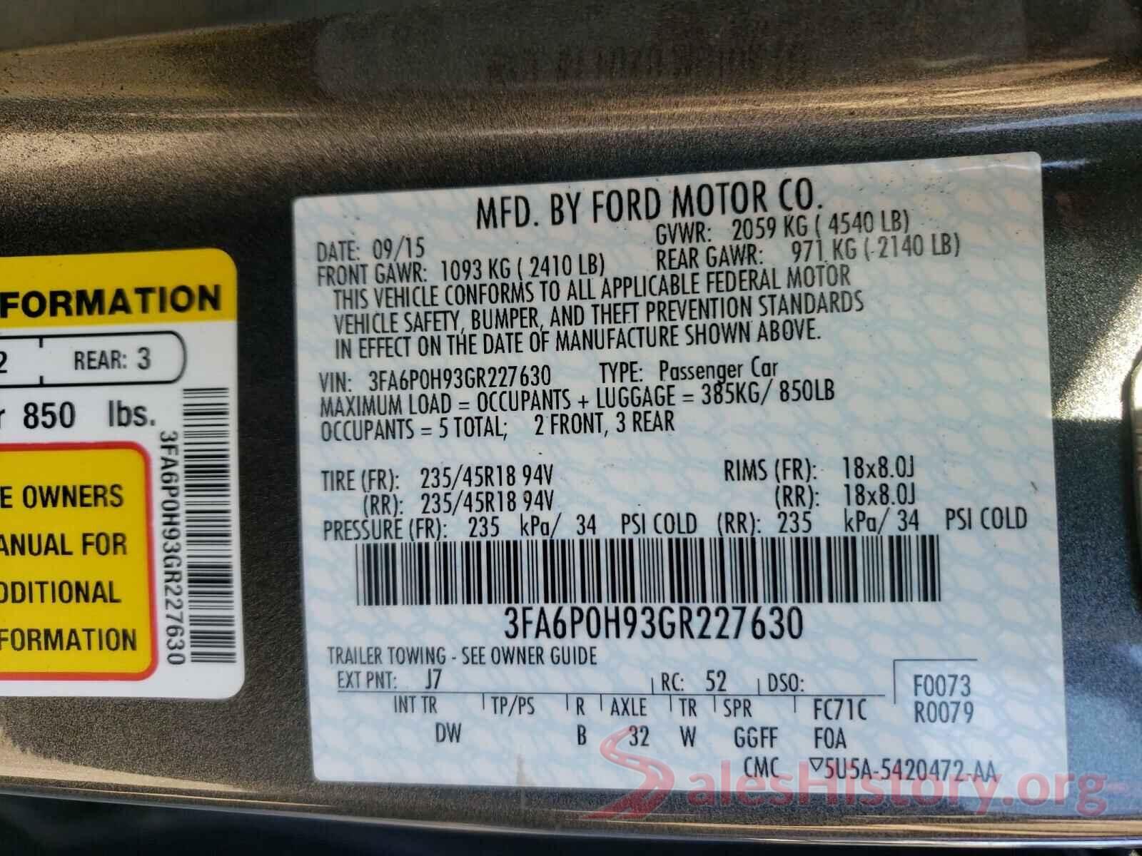 3FA6P0H93GR227630 2016 FORD FUSION