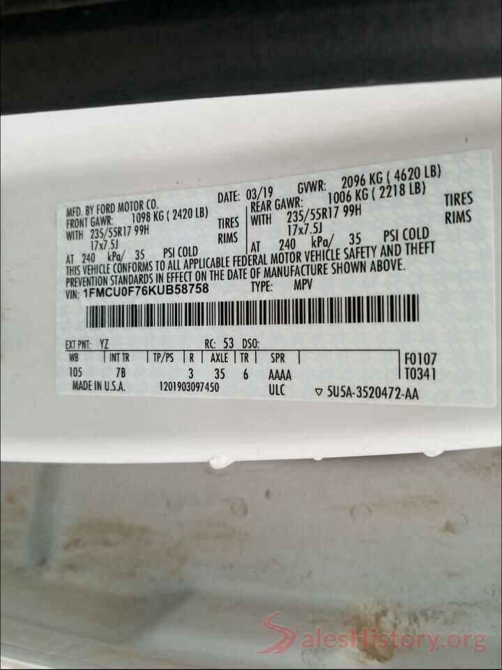 1FMCU0F76KUB58758 2019 FORD ESCAPE