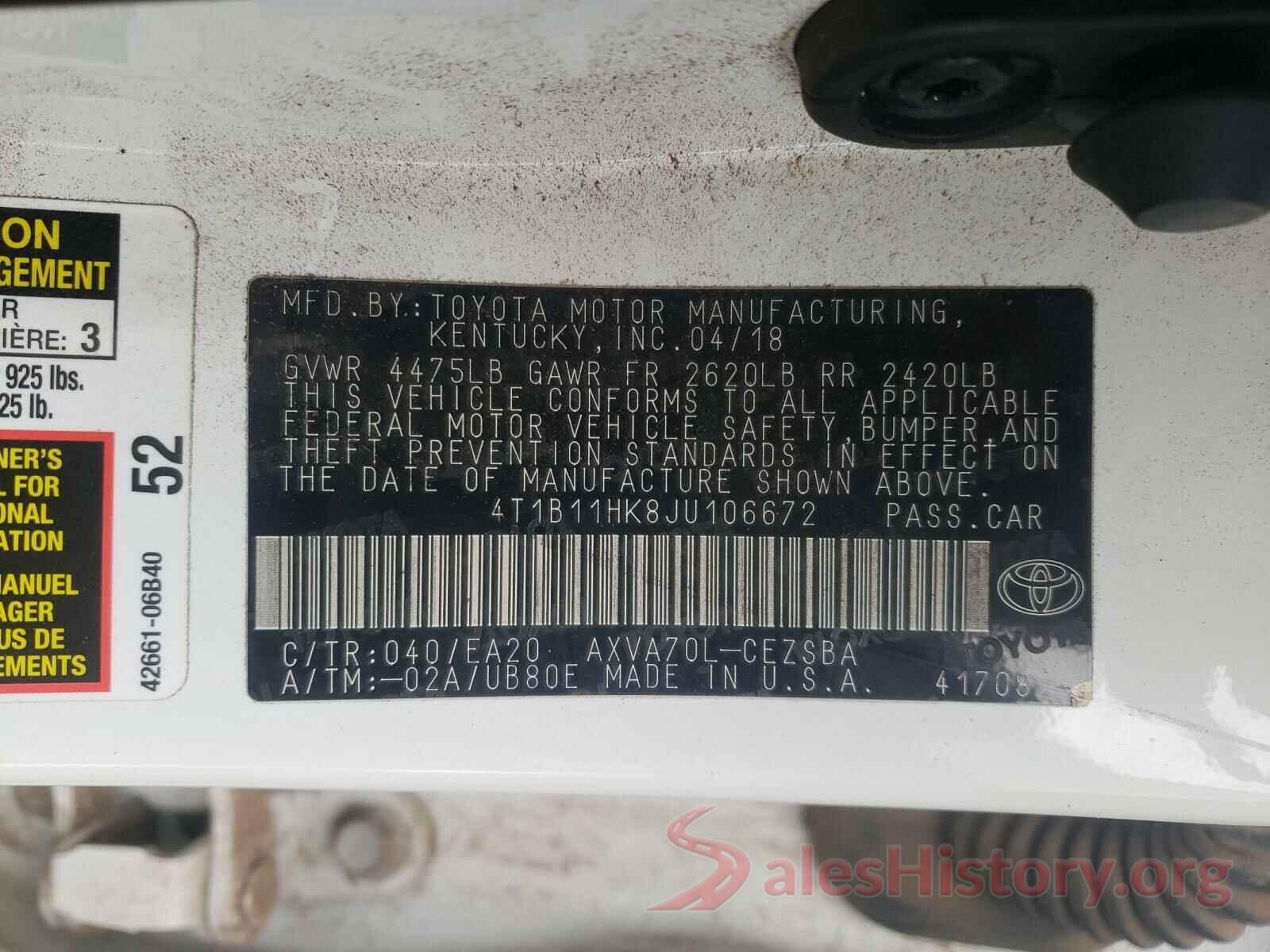 4T1B11HK8JU106672 2018 TOYOTA CAMRY