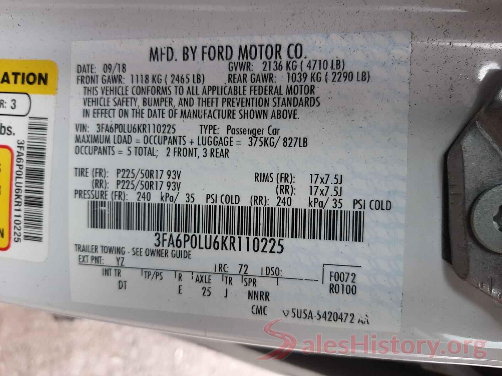 3FA6P0LU6KR110225 2019 FORD FUSION