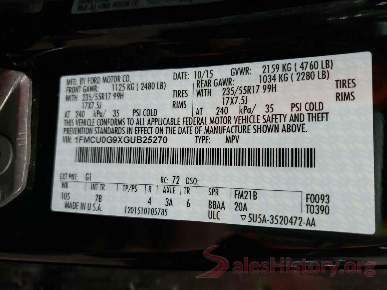 1FMCU0G9XGUB25270 2016 FORD ESCAPE