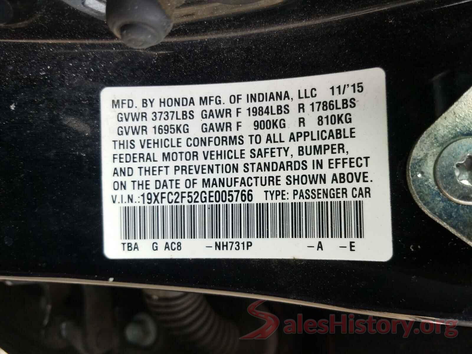 19XFC2F52GE005766 2016 HONDA CIVIC