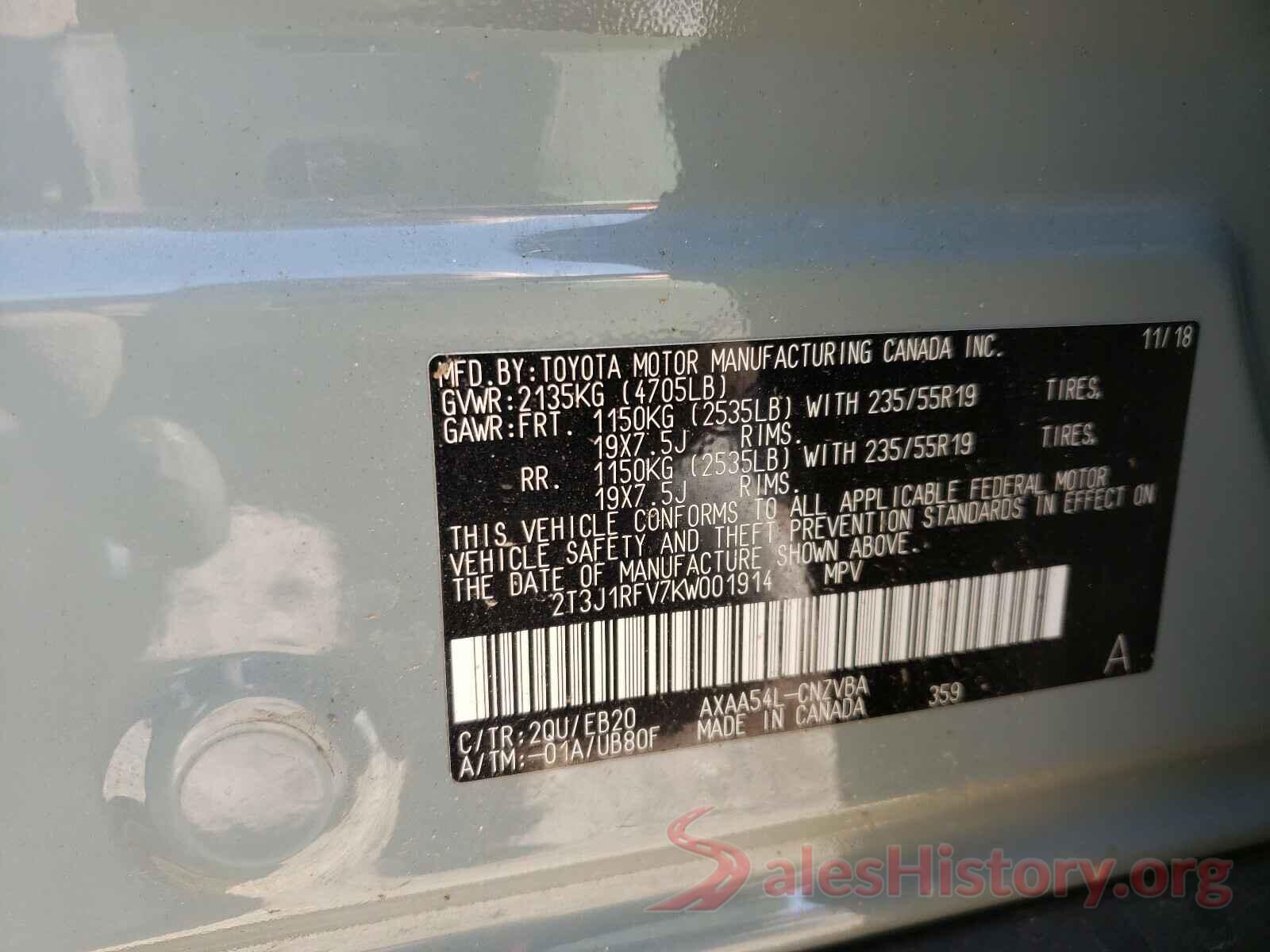 2T3J1RFV7KW001914 2019 TOYOTA RAV4