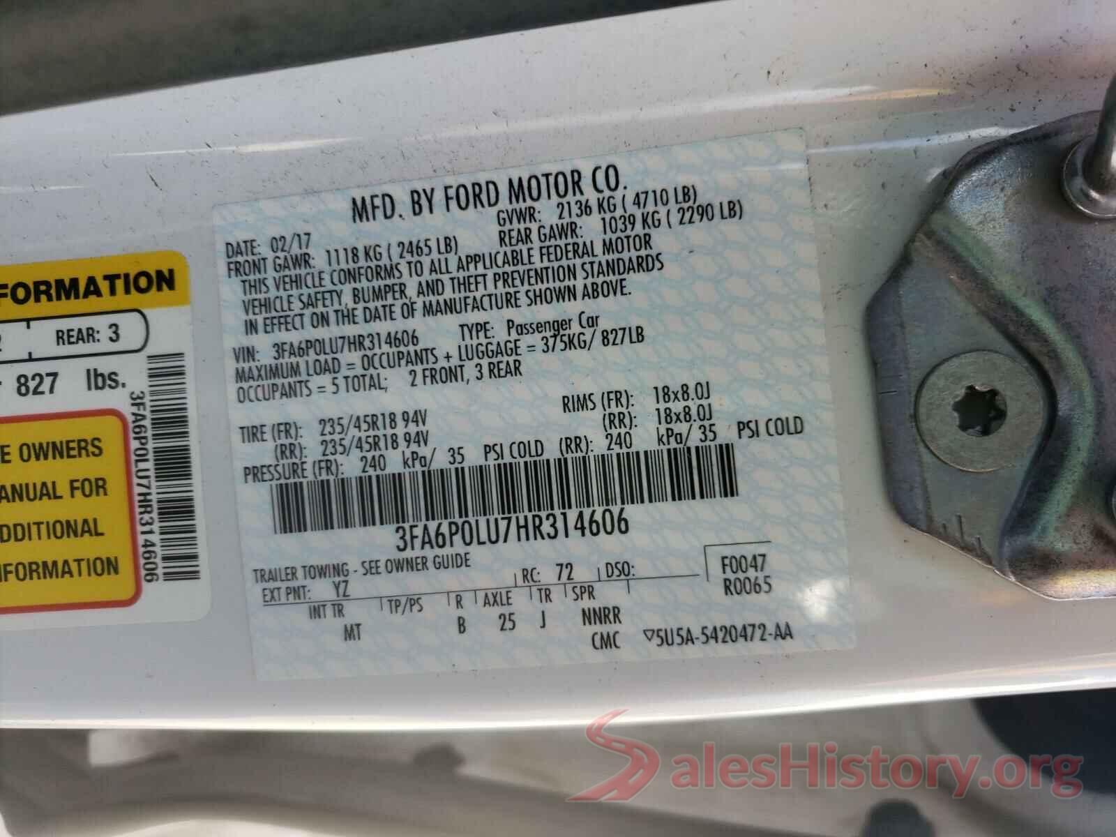 3FA6P0LU7HR314606 2017 FORD FUSION