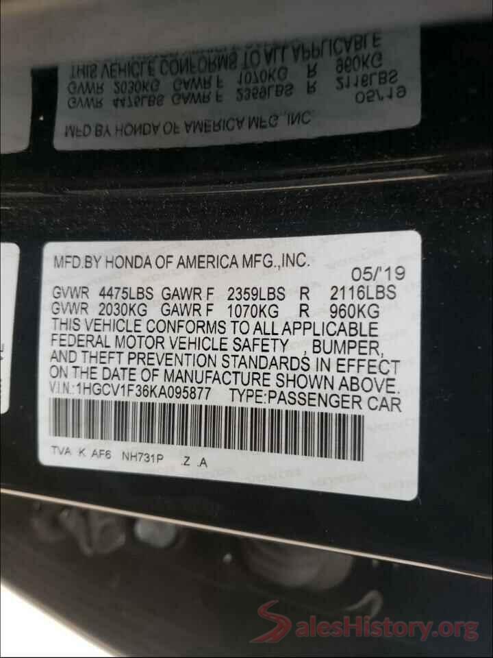 1HGCV1F36KA095877 2019 HONDA ACCORD