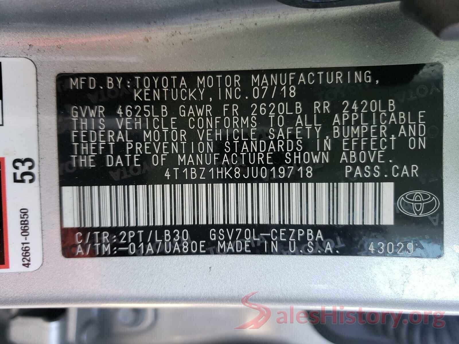 4T1BZ1HK8JU019718 2018 TOYOTA CAMRY