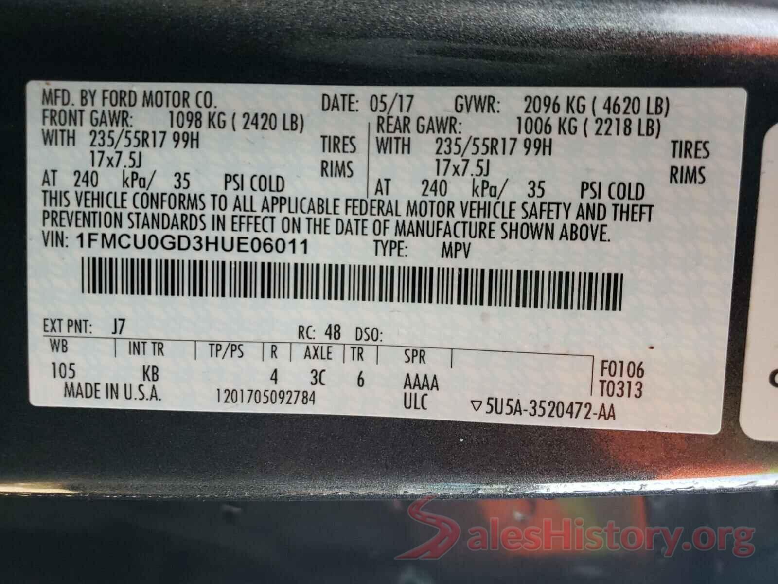 1FMCU0GD3HUE06011 2017 FORD ESCAPE