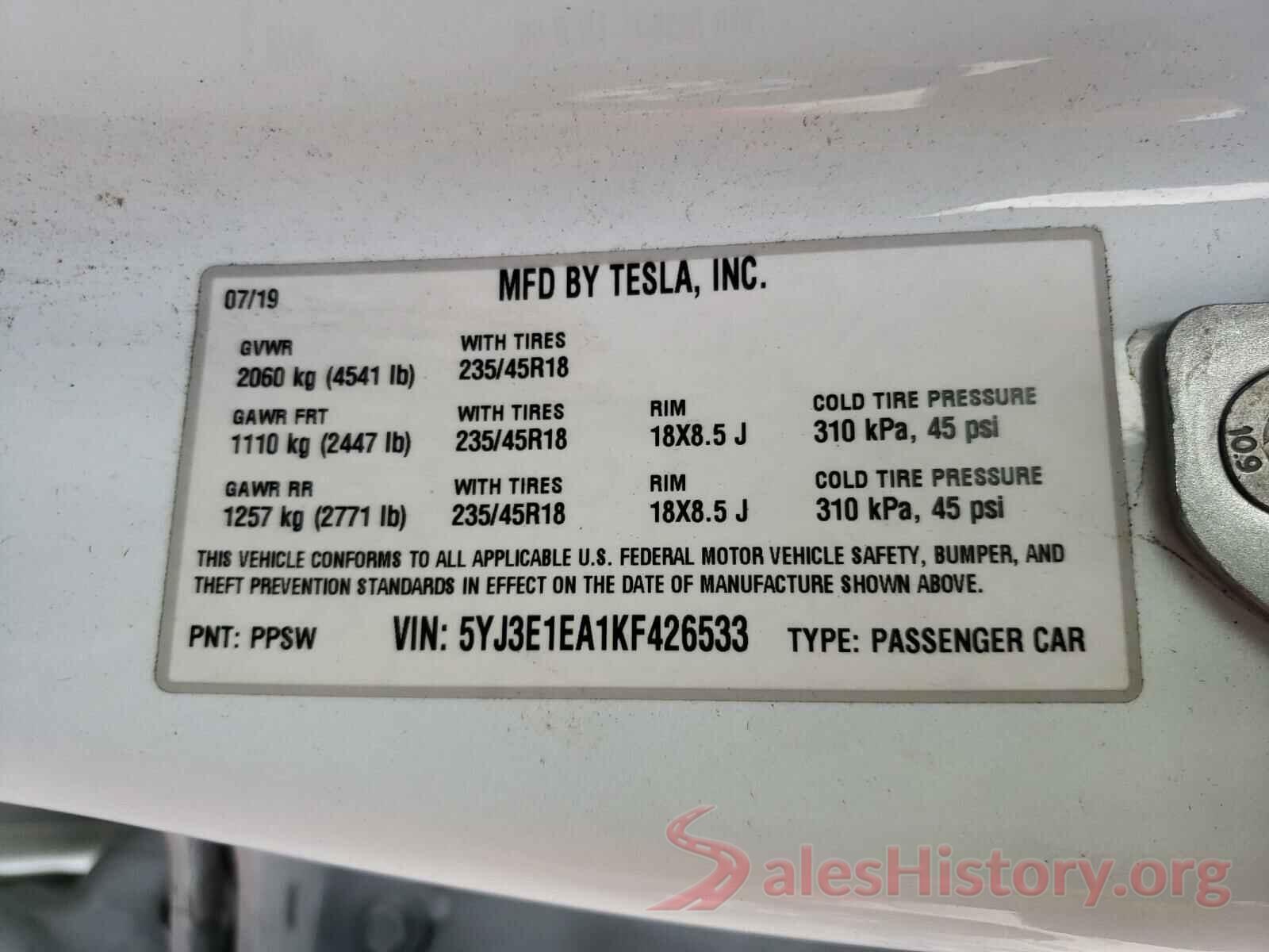 5YJ3E1EA1KF426533 2019 TESLA MODEL 3