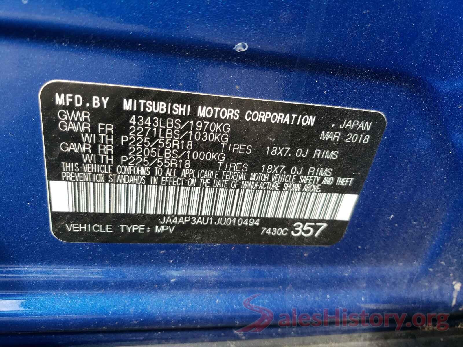 JA4AP3AU1JU010494 2018 MITSUBISHI OUTLANDER