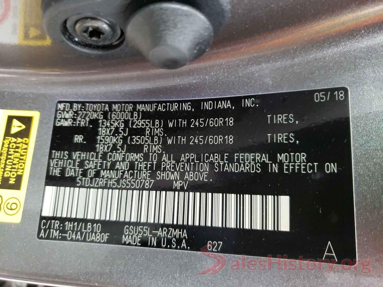 5TDJZRFH5JS550787 2018 TOYOTA HIGHLANDER