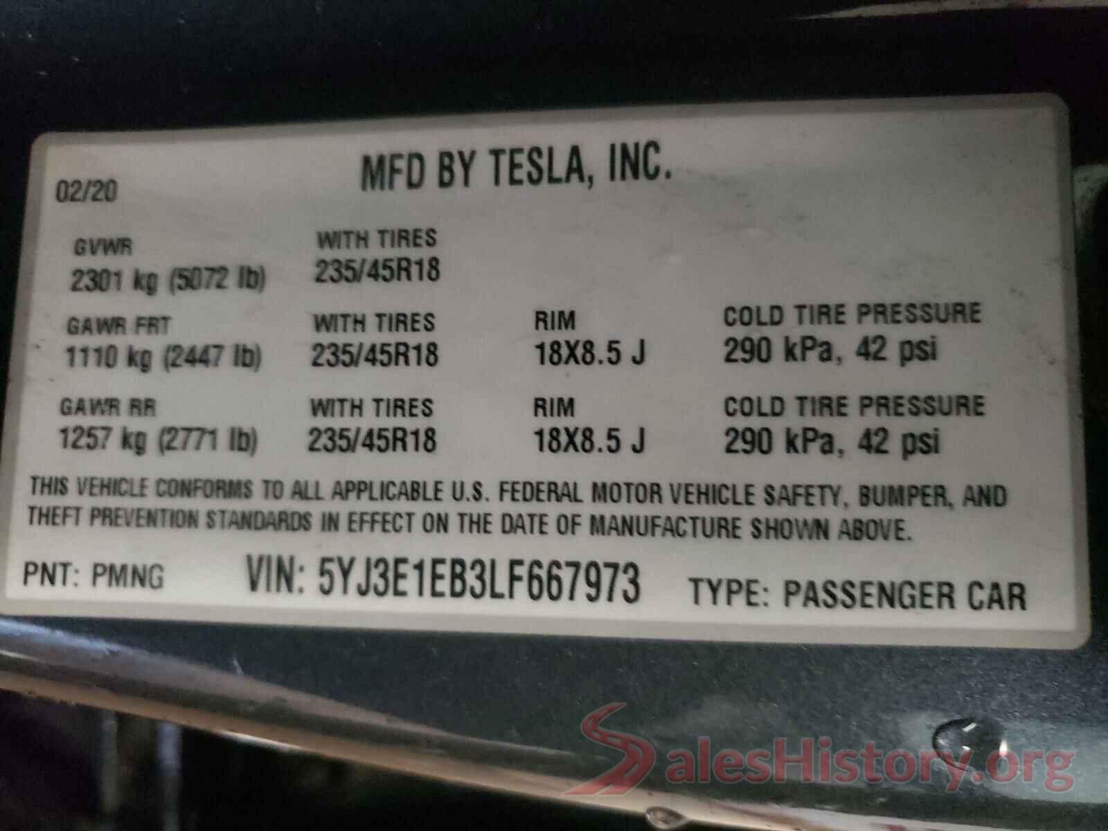 5YJ3E1EB3LF667973 2020 TESLA MODEL 3