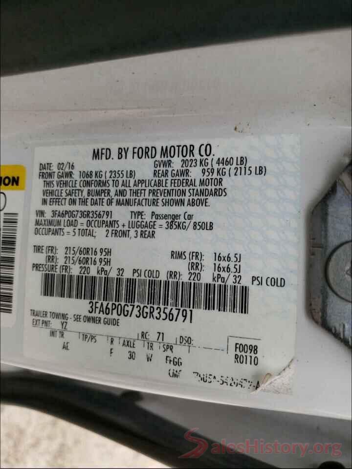 3FA6P0G73GR356791 2016 FORD FUSION