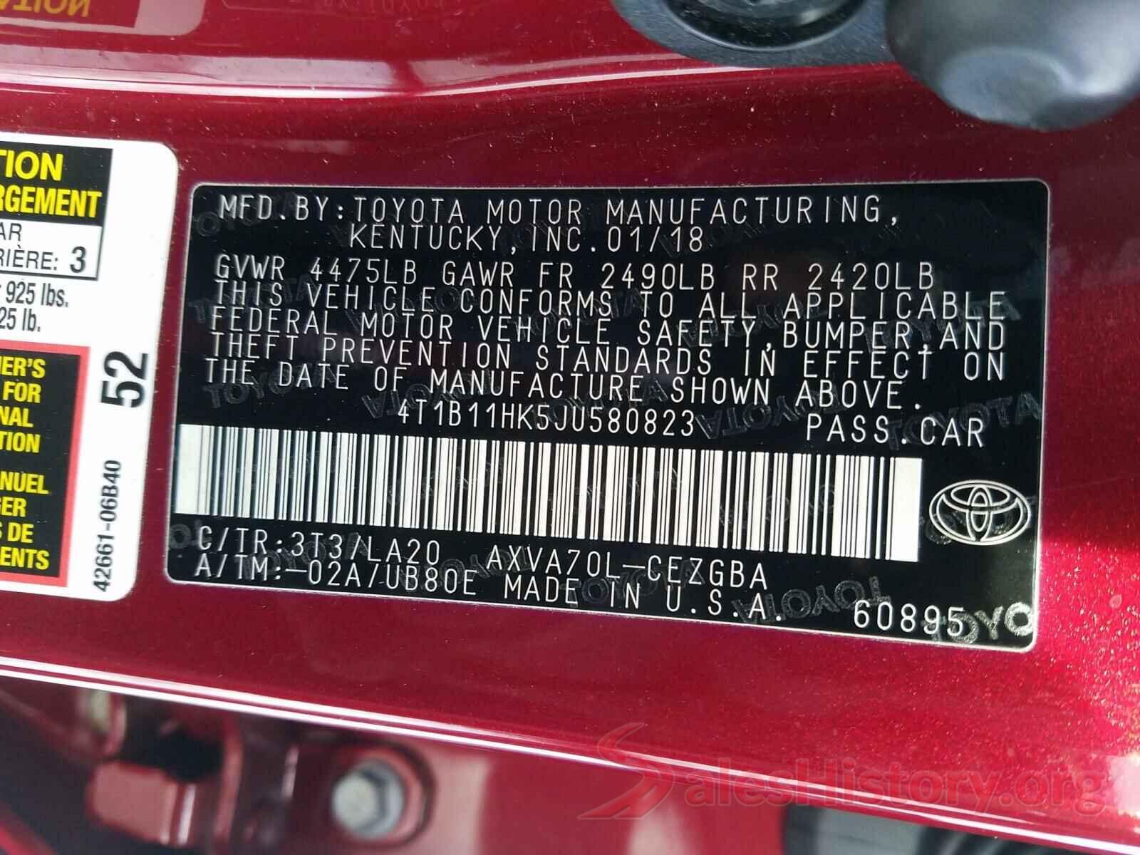 4T1B11HK5JU580823 2018 TOYOTA CAMRY